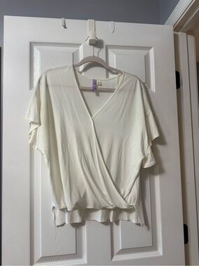 Alya Cream Faux-Wrap Flutter Sleeve Top